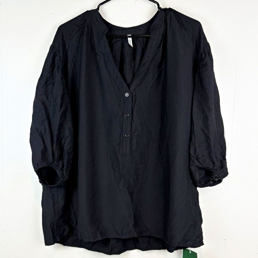 Halara Women's L Blouse Black 3/4 Balloon Sleeve Relaxed Airy Breezy Coastal NEW